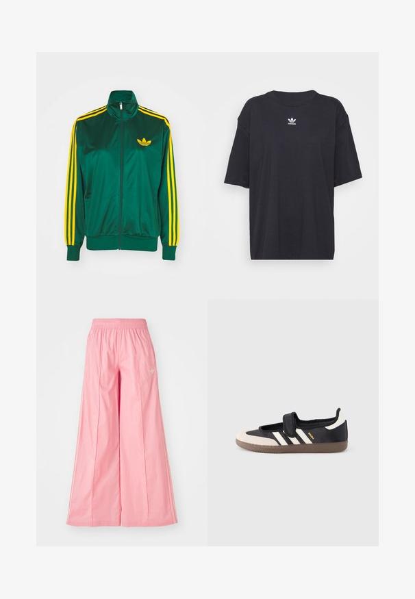 Grøn satin trackjakke, lynlåsfortil, høj krave, gul tre-stripes design på ærmerne og et lille gult logo på brystet.; Sort bomulds t-shirt med korte ærmer, rund halsudskæring, med et hvidt Adidas-logo på brystet. Enkel design, afslappet pasform.; Lyserøde brede bukser lavet af let materiale, med elastisk talje og diskrete hvide side striber. Lille logo på fronten.; Sort og beige sko med velcrolukning, tre hvide striber på siden og en tekstureret brun gummisål. Mærkelogo er synligt.