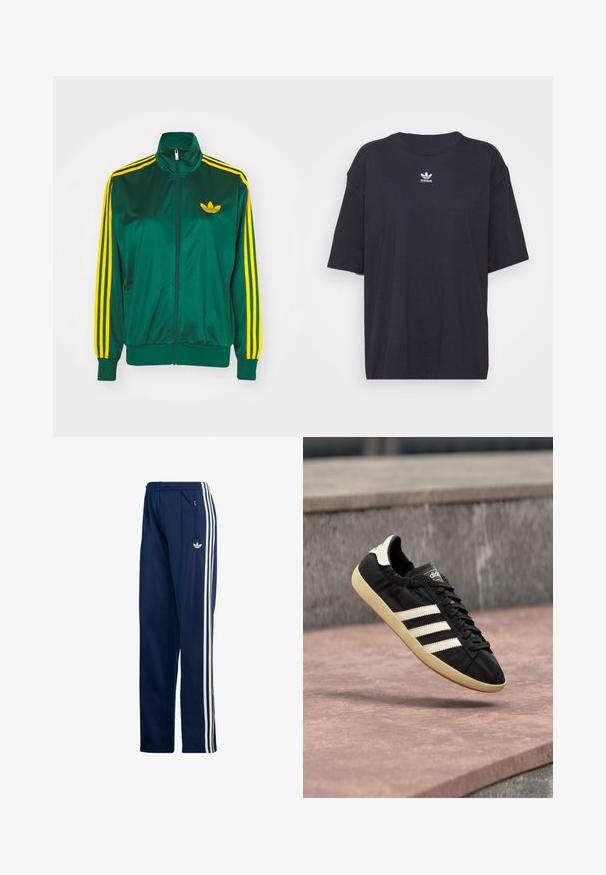 Grøn satin trackjakke, lynlåsfortil, høj krave, gul tre-stripes design på ærmerne og et lille gult logo på brystet.; Sort bomulds t-shirt med korte ærmer, rund halsudskæring, med et hvidt Adidas-logo på brystet. Enkel design, afslappet pasform.; Mørkeblå atletiske bukser lavet af et glat, let stof, med tre hvide striber på siden og en lynlåslomme på siden.; Sort Adidas sneaker med hvide striber og beige sål, fanget i luften over en stenet overflade og baggrund af en stenmur.