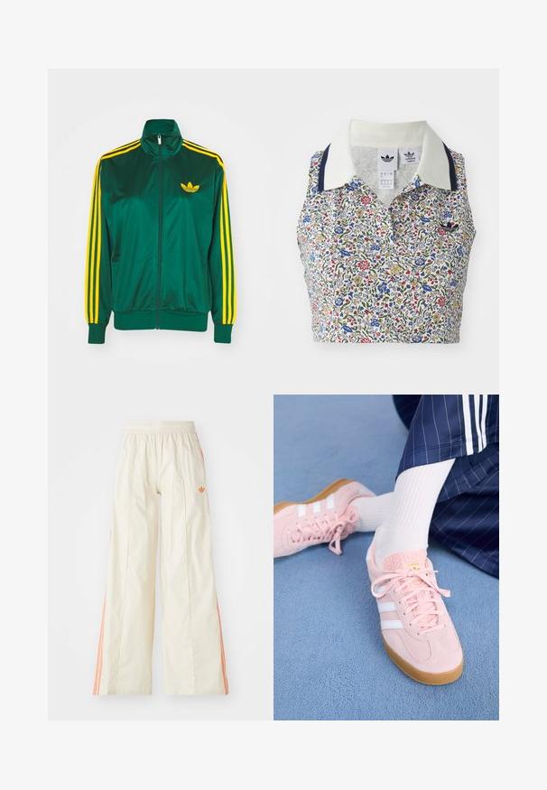 Grøn satin trackjakke, lynlåsfortil, høj krave, gul tre-stripes design på ærmerne og et lille gult logo på brystet.; Blomstret cropped bluse med hvid bund og blomster i blå, rød og gul. Inkluderer en hvid krave med marineblå detaljer og et broderet logo.; Cremefarvede bredde benbukser med elastisk talje, der har orange side-striber og et lille orange logo foran.; Lyserøde ruskinds sneakers med hvide striber og snørebånd, udstyret med en struktureret tunge og en gummisål, placeret på et blåt tæppe.
