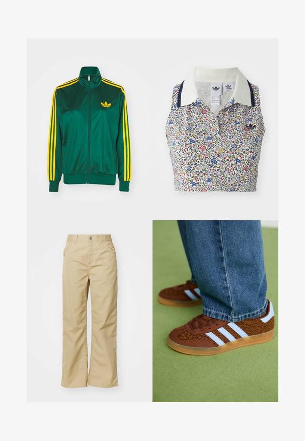 Grøn satin trackjakke, lynlåsfortil, høj krave, gul tre-stripes design på ærmerne og et lille gult logo på brystet.; Blomstret cropped bluse med hvid bund og blomster i blå, rød og gul. Inkluderer en hvid krave med marineblå detaljer og et broderet logo.; Beige bomuldsbukser med brede ben og en glat tekstur, der har forlommer og en sølvknap i taljen.; Brune Adidas sneakers med hvide striber og gummisåler, båret med blå jeans på grøn tæppe.