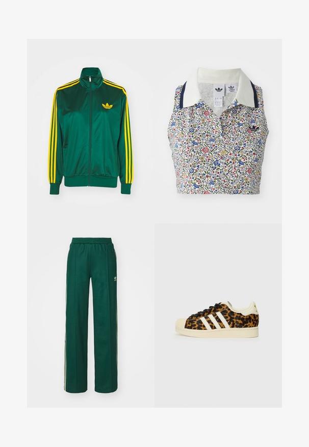 Groene satijnen trainingsjack, met rits aan de voorkant, hoge kraag, gele drie-strepen design op de mouwen en een klein geel logo op de borst.; Bloemige crop top met een witte basis en blauwe, rode en gele bloemen. Inclusief een witte kraag met marineblauwe accenten en een geborduurd logo.; Donkergroene sportbroek met een relaxte pasvorm, voorzien van een trekkoord in de taille, zijzakken en crèmekleurige strepen aan de zijkanten.; Luipaardprint sneakers met zwarte veters, witte drie-streep ontwerp, crèmekleurige rubberen neus en zool, gestructureerd bovenmateriaal.
