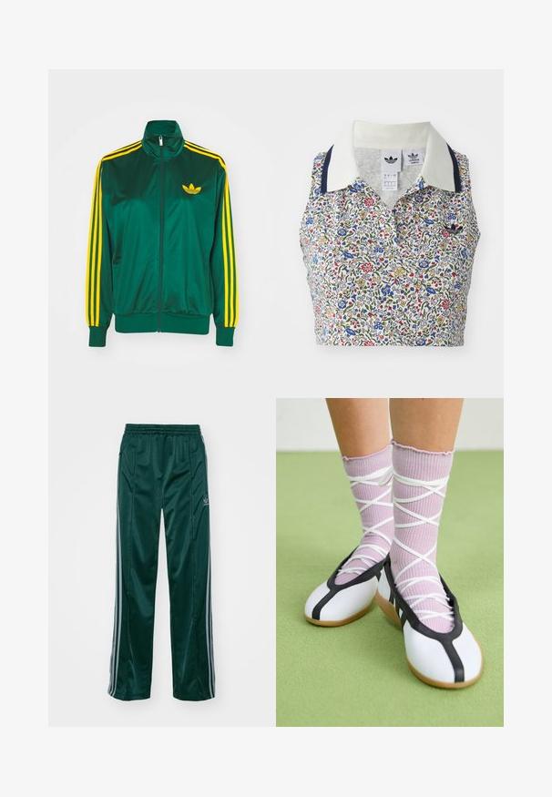Veste de survêtement en satin vert, fermeture éclair devant, col haut, design à trois rayures jaunes sur les manches, et un petit logo jaune sur la poitrine.; Top court floral avec une base blanche ornée de fleurs bleues, rouges et jaunes. Il comprend un col blanc avec des accents marine et un logo brodé.; Pantalons de sport vert foncé en matériau brillant, avec des bandes latérales gris clair et un logo brodé sur la jambe gauche.; Jambes portant des chaussettes lavande côtelées avec des brides blanches croisées, associées à des ballerines blanches avec un bord noir sur un sol vert.