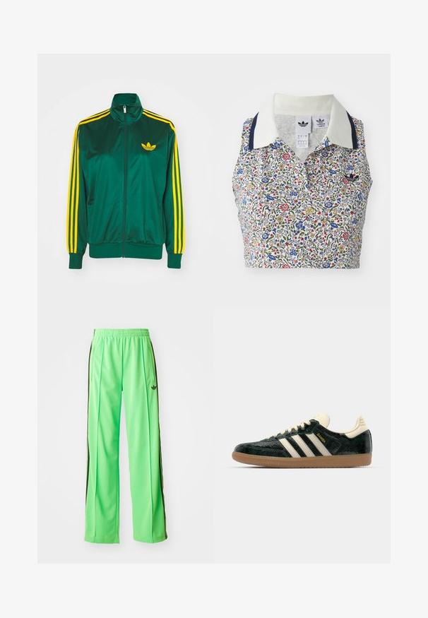 Grøn satin trackjakke, lynlåsfortil, høj krave, gul tre-stripes design på ærmerne og et lille gult logo på brystet.; Blomstret cropped bluse med hvid bund og blomster i blå, rød og gul. Inkluderer en hvid krave med marineblå detaljer og et broderet logo.; Grønne atletiske bukser lavet af glat, let materiale, med sorte sidestriber og et broderet logo på fronten.; adidas Originals SAMBA OG - Sneakers - cream white/collegiate green