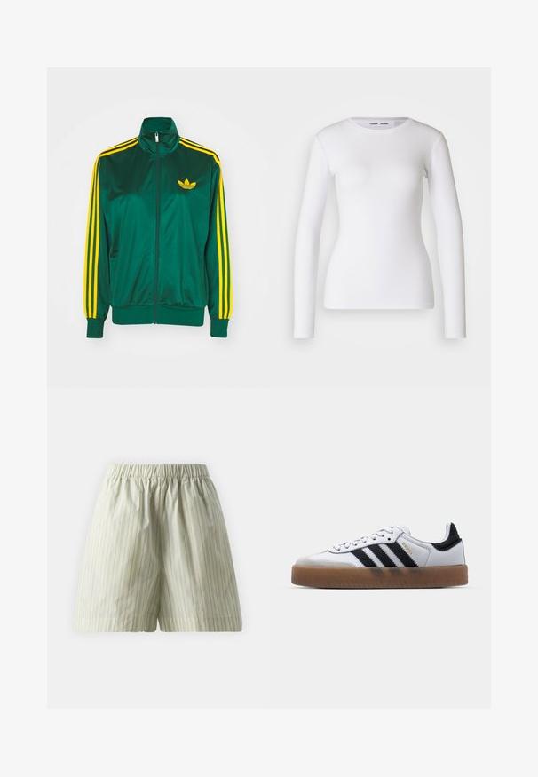 Grøn satin trackjakke, lynlåsfortil, høj krave, gul tre-stripes design på ærmerne og et lille gult logo på brystet.; Hvid langærmet skjorte lavet af ribbet stof, med runde udskæring og tætsiddende pasform. Ingen mønstre eller accenter er til stede.; Lysegrønne bomuldsbukser med lodrette hvide striber, en elastisk talje og en løs, afslappet pasform. Glat tekstur.; Hvide lædersneakers med sorte striber, gummirubber sål, rund tå, snørelukning og blød grå ruskinds tåhætte.