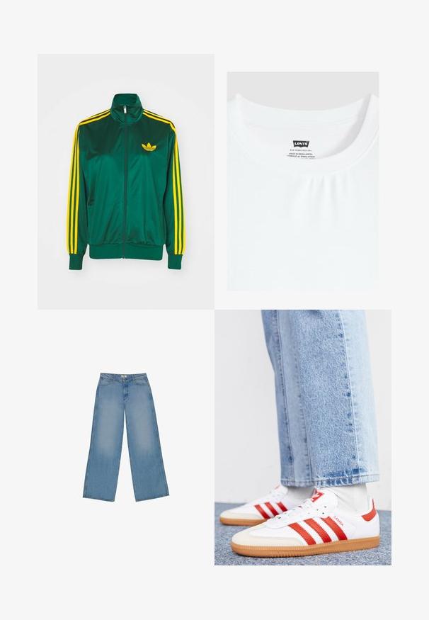 Groene satijnen trainingsjack, met rits aan de voorkant, hoge kraag, gele drie-strepen design op de mouwen en een klein geel logo op de borst.; Wit t-shirt met ronde hals met het Levi's merkje aan de binnenkant van de kraag genaaid, gemaakt in Bangladesh.; Lichtblauwe wijde jeans van denim, met een hoge taille, rechte snit en contrasterende stiksels. Geen versieringen of slijtage.; Witte leren sneakers met rode strepen en accenten. Voorzien van een getextureerde gumrubberen outsole en een gevoerde kraag. Draag ze met lichtblauwe denim.