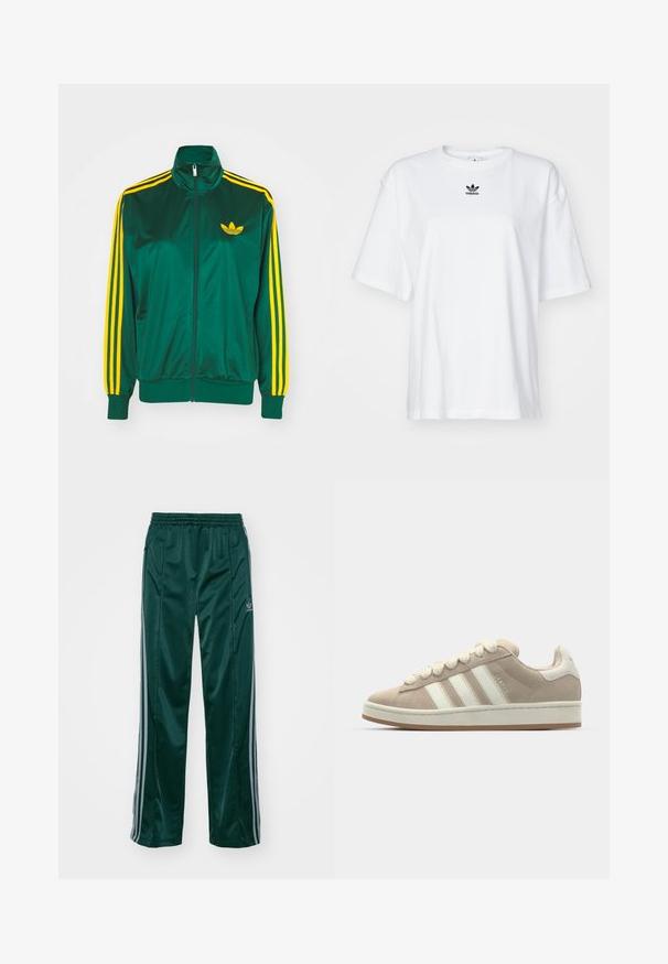 Veste de survêtement en satin vert, fermeture éclair devant, col haut, design à trois rayures jaunes sur les manches, et un petit logo jaune sur la poitrine.; T-shirt blanc à manches courtes en coton. Avec un col rond et un petit logo Adidas noir sur la poitrine. Ourlet droit.; Pantalons de sport vert foncé en matériau brillant, avec des bandes latérales gris clair et un logo brodé sur la jambe gauche.; Sneakers en suède tan avec des rayures et des lacets en cuir blanc, semelle en caoutchouc, col rembourré et détails texturés sur le dessus.