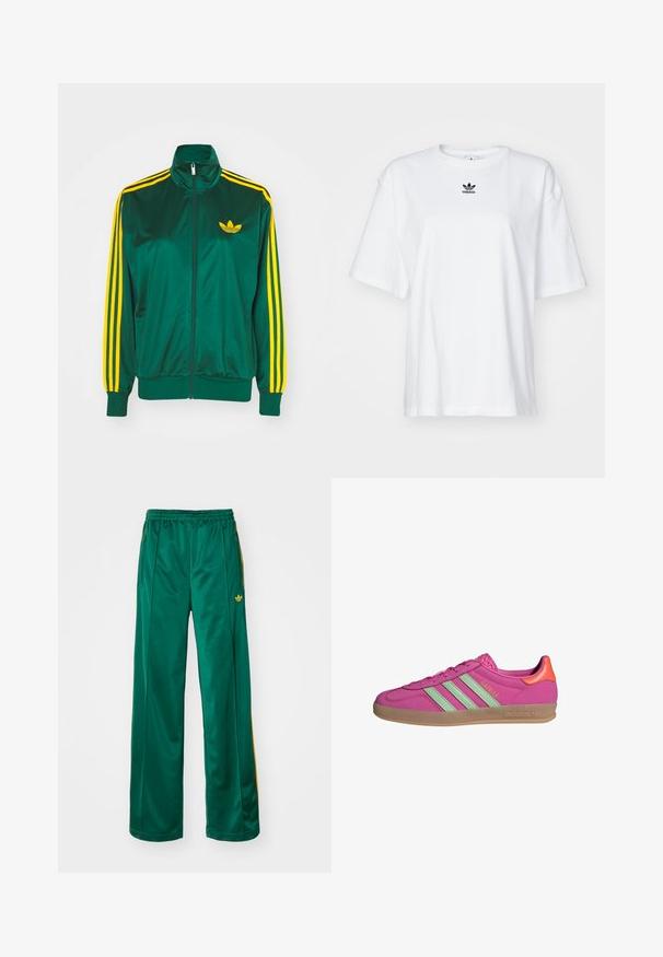Chaqueta de pista satinada verde, con cremallera en la parte delantera, alto cuello, diseño de tres rayas amarillas en las mangas y un pequeño logo amarillo en el pecho.; Camiseta blanca de manga corta hecha de algodón. Cuenta con un cuello redondo y un pequeño logo negro de Adidas en el pecho. Dobladillo recto.; Pantalones deportivos de satén verdes con un corte relajado, que presentan acentos de rayas amarillas y un logotipo bordado en el lado izquierdo. Cintura elástica.; Zapatillas Adidas Gazelle en rosa brillante con rayas verde claro, suela de goma y acento naranja en el talón. Material superior sintético suave.