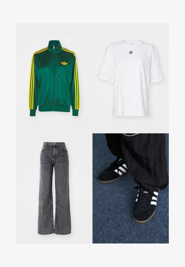 Grøn satin trackjakke, lynlåsfortil, høj krave, gul tre-stripes design på ærmerne og et lille gult logo på brystet.; Hvid kortærmet t-shirt lavet af bomuld. Har en rund halsudskæring og et lille sort Adidas-logo på brystet. Lige skåret kant.; Bredde ben grå denim bukser med høj talje, der har traditionel fem-lomme styling og en subtil falmet finish.; Sorte suedetrainingssko med tre hvide striber og sorte snørebånd. Et tekstureret sort bukser er delvist synligt ved siden af skoene.