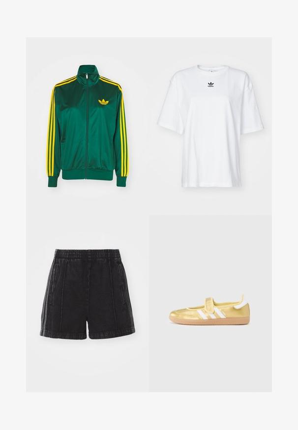 Veste de survêtement en satin vert, fermeture éclair devant, col haut, design à trois rayures jaunes sur les manches, et un petit logo jaune sur la poitrine.; T-shirt blanc à manches courtes en coton. Avec un col rond et un petit logo Adidas noir sur la poitrine. Ourlet droit.; Shorts en denim noir avec une taille élastique, des poches latérales zippées et des bandes latérales contrastantes. Texture déchirée et longueur au-dessus du genou.; Baskets dorées avec des bandes blanches et une fermeture Velcro. Fini métallique lisse, bout arrondi et semelle en caoutchouc texturée.