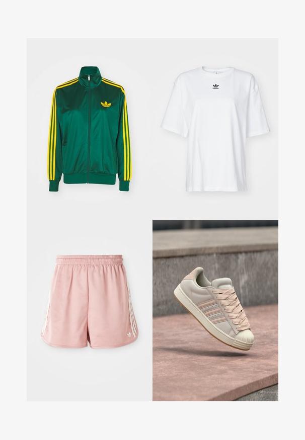 Groene satijnen trainingsjack, met rits aan de voorkant, hoge kraag, gele drie-strepen design op de mouwen en een klein geel logo op de borst.; Witte korte mouwen t-shirt van katoen. Voorzien van een ronde hals en een klein zwart Adidas-logo op de borst. Rechthoekige zoom.; Roze sport shorts met een elastische tailleband, witte zijstreepdetails en een klein logo aan de onderkant van de linkervoorzijde. Glad textuur van de stof.; Beige suède sneaker met roze accenten, voorzien van vetersluiting, drie zijstrepen en een verstevigde rubberen neus, geplaatst tegen een gestructureerde achtergrond.