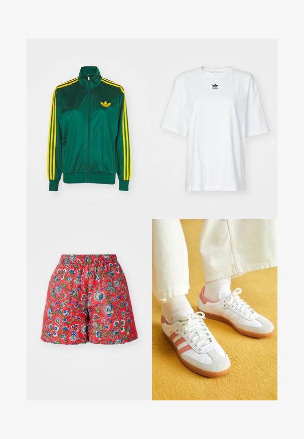Groene satijnen trainingsjack, met rits aan de voorkant, hoge kraag, gele drie-strepen design op de mouwen en een klein geel logo op de borst.; Witte korte mouwen t-shirt van katoen. Voorzien van een ronde hals en een klein zwart Adidas-logo op de borst. Rechthoekige zoom.; Rode bloemen shorts met een elastische tailleband. Beschikt over blauw en groen bloemenpatronen, een zachte textuur en een relaxte pasvorm.; Witte sportschoenen met roze accenten, gemaakt van suede en leer, met een ronde neus en een rubberen zool, weergegeven met lichtgekleurde sokken op een gele achtergrond.