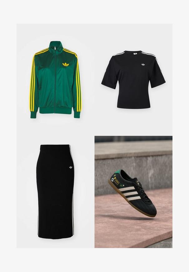 Groene satijnen trainingsjack, met rits aan de voorkant, hoge kraag, gele drie-strepen design op de mouwen en een klein geel logo op de borst.; Zwart Adidas T-shirt met korte mouwen, witte drie-strepen details op de schouders en een klein wit Adidas trefoil logo op de borst.; Zwarte geribbelde midi-rok met een slim fit ontwerp, voorzien van witte zijstrepen en een klein wit embleem aan de linkerkant.; Zwarte sportschoen met witte strepen, een bovenwerk met patroon en bloemenaccenten, en een groene hiel. Rubberen zool zorgt voor grip.