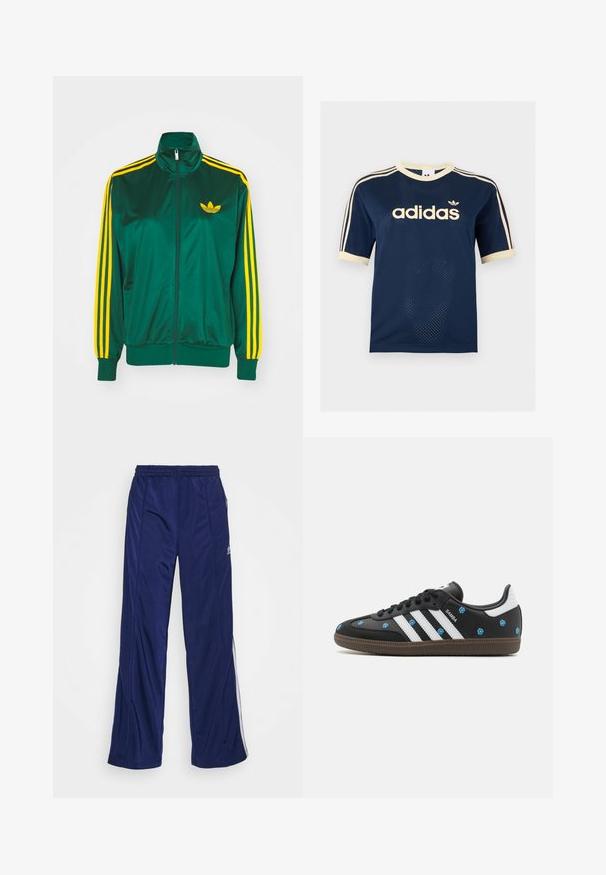 Zelená saténová tréningová bunda, predné zips, vysoký golier, žltý trojprúžkový dizajn na rukávoch a malé žlté logo na hrudi.; Tmavomodré Adidas sieťované tričko s krátkym rukávom s krémovým lemom, troma krémovými pruhmi na rukávoch a logom Adidas na hrudi.; Námornícke športové nohavice s elastickým pásom, rovnými nohavicami a bočnými zipsami. Obsahujú biele lemovanie po stranách. Hladká textúra látky.; Čierne kožené tenisky s bielymi pruhmi a kvetinovou výšivkou v modrej farbe. Majú hnedú gumovú podrážku a zaoblený dizajn špičky.