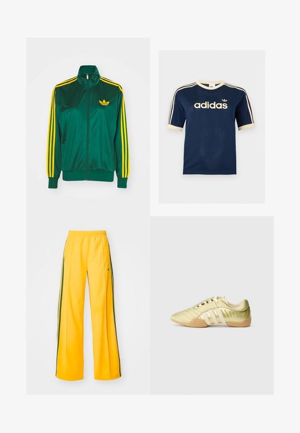Grüne Satin-Trainingsjacke, mit Reißverschluss vorne, hohem Kragen, gelbem Drei-Streifen-Design an den Ärmeln und kleinem gelben Logo auf der Brust.; Marineblaues Adidas Mesh-Kurzarmshirt mit cremefarbenem Besatz, drei cremefarbenen Streifen an den Ärmeln und Adidas-Logo auf der Brust.; Gelbe Sporthosen mit weitem Bein, ausgestattet mit grünen Seitenstreifen und einem kleinen Logo auf der linken Hüfte. Elastischer Bund für mehr Komfort.; Limettengrüner synthetischer Sportschuh mit glatter Textur, ausgestattet mit drei weißen Streifen, einem weichen Innenfutter und einer strukturierten Gummisohle.
