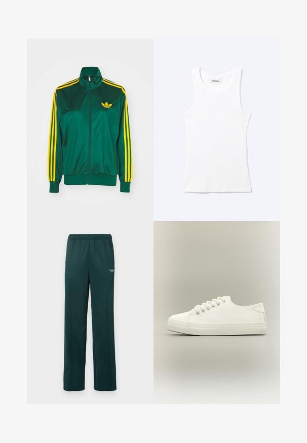 Chaqueta de pista satinada verde, con cremallera en la parte delantera, alto cuello, diseño de tres rayas amarillas en las mangas y un pequeño logo amarillo en el pecho.; Camiseta sin mangas blanca con textura de canalé, cuello redondo y una pequeña etiqueta que dice "WEEKDAY" en el interior del cuello.; Pantalones de chándal verde oscuro hechos de una tela suave, con una cintura elástica y costuras laterales, y un pequeño logo en la parte delantera.; Zapatilla blanca baja con cordones blancos y suela de goma mostrada desde vista lateral sobre un fondo neutro.
