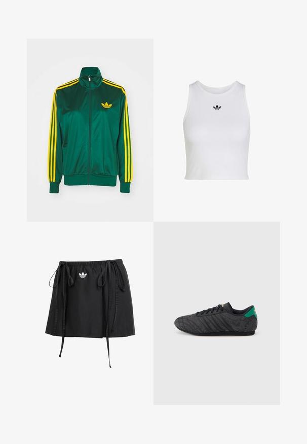 Groene satijnen trainingsjack, met rits aan de voorkant, hoge kraag, gele drie-strepen design op de mouwen en een klein geel logo op de borst.; Witte mouwloze crop top met ronde hals en klein zwart Adidas trefoil-logo, gecentreerd onder de kraag.; Zwarte sport rok met verstelbare trekkoorden, met een klein wit logo aan de voorkant. Gemaakt van lichtgewicht stof met een zachte textuur.; Zwarte sneakers met een laag profiel, een subtiel bloemenpatroon, zwarte veters, een groene hielband en een gouden logo op de tong en hiel.