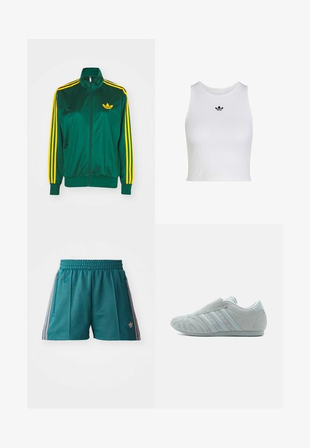 Chaqueta de pista satinada verde, con cremallera en la parte delantera, alto cuello, diseño de tres rayas amarillas en las mangas y un pequeño logo amarillo en el pecho.; Top corto blanco sin mangas con cuello redondo y pequeño logo negro Adidas trefoil centrado debajo del cuello.; Shorts deportivos en color teal con cinturilla elástica, presentan detalles laterales en rayas rosa y blanca, y bolsillos laterales con cremallera. Logo en el dobladillo.; Zapatilla deportiva de ante gris sin cordones con superficie texturizada, que presenta tres franjas laterales y una puntera redondeada. Suela de goma con detalles de diseño mínimos.