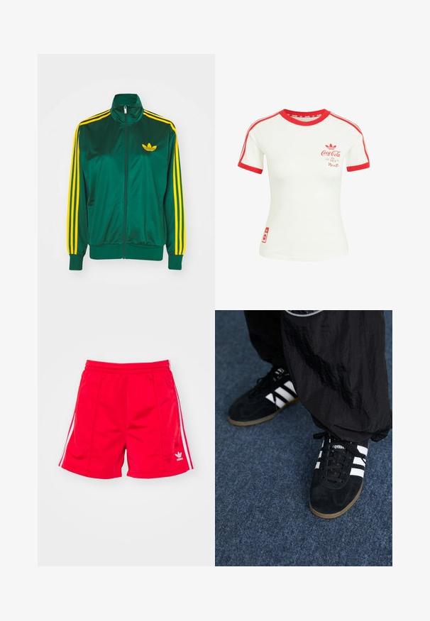 Grüne Satin-Trainingsjacke, mit Reißverschluss vorne, hohem Kragen, gelbem Drei-Streifen-Design an den Ärmeln und kleinem gelben Logo auf der Brust.; Weißes T-Shirt mit kurzen Ärmeln, rotem Kragen, Ärmelsaum, Streifen und Coca-Cola-Logo auf der Brust und unteren Seite.; Rote Sportshorts mit elastischem Bund, ausgestattet mit weißen Seitenstreifen und einem gestickten Logo auf der unteren linken Seite. Glatte Textur.; Schwarze Wildleder-Sportschuhe mit drei weißen Streifen und schwarzen Schnürsenkeln. Eine strukturierte schwarze Hose ist teilweise neben den Schuhen sichtbar.