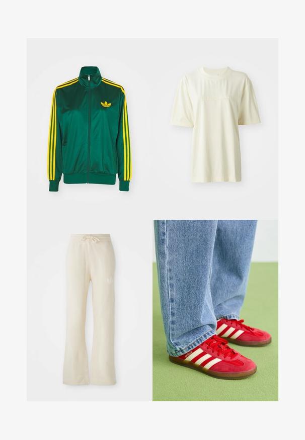 Chaqueta de pista satinada verde, con cremallera en la parte delantera, alto cuello, diseño de tres rayas amarillas en las mangas y un pequeño logo amarillo en el pecho.; Camiseta de algodón color crema con cuello redondo, mangas cortas y logo "adidas" en relieve en el pecho. Textura suave y corte relajado.; Pantalones de chándal color crema con una textura suave, que cuentan con una cinturilla con cordón y piernas acampanadas. Detalle del logo sutil en la cadera izquierda.; Zapatillas de ante rojas con tres rayas blancas, punta redonda y suela texturizada, combinadas con jeans de mezclilla azul claro sobre un fondo verde.