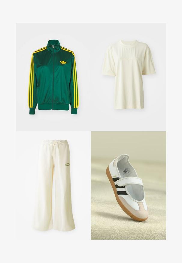 Chaqueta de pista satinada verde, con cremallera en la parte delantera, alto cuello, diseño de tres rayas amarillas en las mangas y un pequeño logo amarillo en el pecho.; Camiseta de algodón color crema con cuello redondo, mangas cortas y logo "adidas" en relieve en el pecho. Textura suave y corte relajado.; Pantalones de chándal anchos color crema con cintura elástica y cordón ajustable. Texto bordado en verde "Athletic" en la parte frontal. Tejido suave.; Zapato blanco con puntera de ante rosa, rayas negras y una correa de Velcro. Cuenta con una suela de goma color tostado y un logo en el lateral.