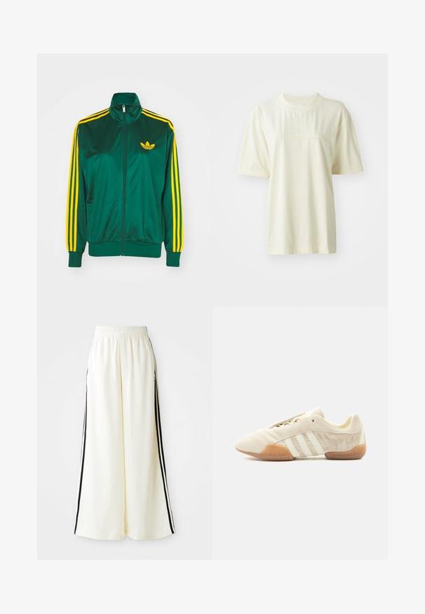 Chaqueta de pista satinada verde, con cremallera en la parte delantera, alto cuello, diseño de tres rayas amarillas en las mangas y un pequeño logo amarillo en el pecho.; Camiseta de algodón color crema con cuello redondo, mangas cortas y logo "adidas" en relieve en el pecho. Textura suave y corte relajado.; Pantalones anchos blancos con cintura elástica y rayas verticales negras a lo largo de las costuras exteriores.; Zapatilla beige de perfil bajo con tres franjas blancas, paneles laterales de ante texturizado, suela de goma y cierre con cordones sobre un fondo liso.