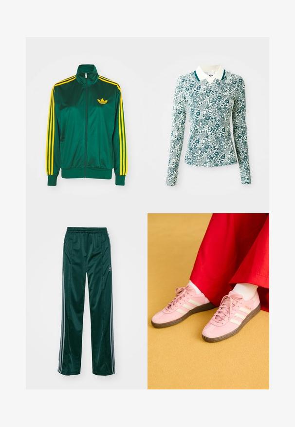 Groene satijnen trainingsjack, met rits aan de voorkant, hoge kraag, gele drie-strepen design op de mouwen en een klein geel logo op de borst.; Een langmouwig, getailleerd shirt met een teal en wit bloemmotief en een witte kraag met teal afwerking op een effen achtergrond.; Donkergroene sportbroeken van glanzend materiaal, met zijstrepens in lichtgrijs en een geborduurd logo op het linkerbeen.; Lichtroze sportschoenen met witte strepen, rubberen zool en veterontwerp. Gecombineerd met witte sokken en een rood kledingstuk. Gele achtergrond.