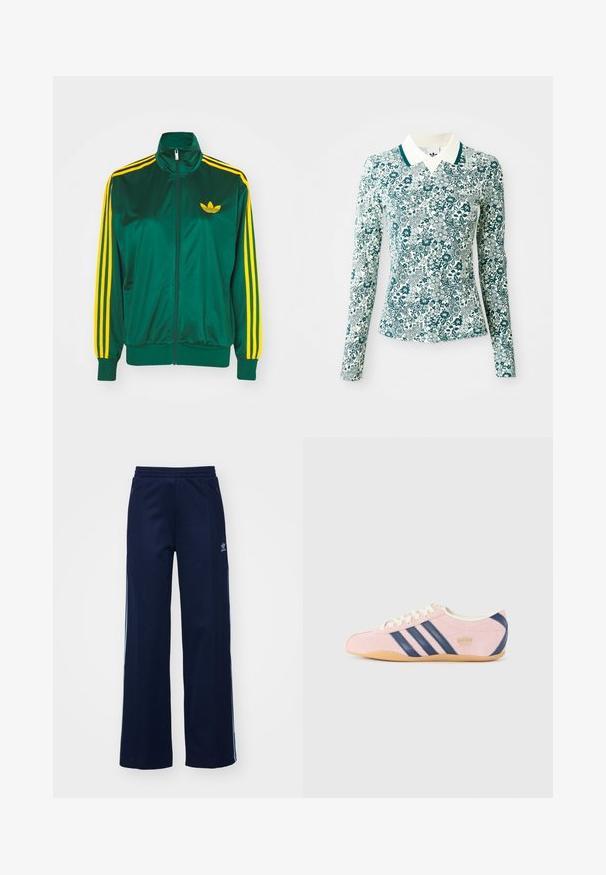 Veste de survêtement en satin vert, fermeture éclair devant, col haut, design à trois rayures jaunes sur les manches, et un petit logo jaune sur la poitrine.; Chemise ajustée à manches longues avec un motif floral turquoise et blanc, et un col blanc avec un liseré turquoise sur un fond uni.; Pantalons de survêtement en mélange de coton bleu marine avec un design à jambes larges, taille élastique et poches zippées, présentant des bandes latérales blanches et un détail de logo.; Baskets rose clair en daim avec des rayures et des accents bleu marine. Présentent une languette et des lacets crème léger, avec une semelle en caoutchouc gomme.