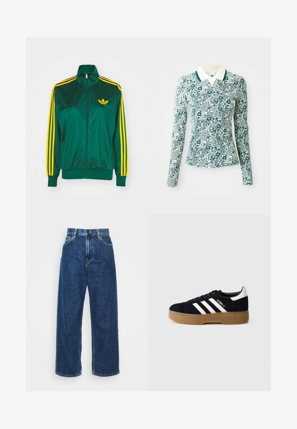 Groene satijnen trainingsjack, met rits aan de voorkant, hoge kraag, gele drie-strepen design op de mouwen en een klein geel logo op de borst.; Een langmouwig, getailleerd shirt met een teal en wit bloemmotief en een witte kraag met teal afwerking op een effen achtergrond.; Lichtblauwe denim wijde broek met hoge taille, zichtbare stiksels en standaard zakken. Voorzien van een knoop- en ritssluiting.; Zwarte suède sneaker met witte drie strepen en gouden merktekens. Gele zool met gestructureerde grip. Klassiek laag model, afgeronde neus.