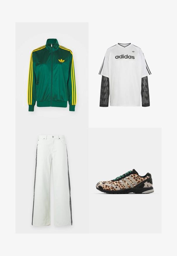 Grøn satin trackjakke, lynlåsfortil, høj krave, gul tre-stripes design på ærmerne og et lille gult logo på brystet.; Hvid Adidas langærmet skjorte med sorte mesh-ærmer, sort Adidas-logo og tekst på brystet, og tre sorte striber på skulderærmerne.; Jeans med vide ben i lysegrønt denim med sorte sidestriber. Fem-lommer design med metalhardware og knaplukning i taljen.; adidas Originals ADIZERO ADIOS OG - Sneakers - grey two/core black/court green