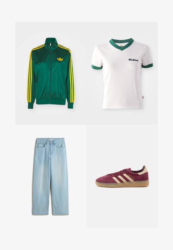 Grüne Satin-Trainingsjacke, mit Reißverschluss vorne, hohem Kragen, gelbem Drei-Streifen-Design an den Ärmeln und kleinem gelben Logo auf der Brust.; Weißes T-Shirt mit kurzen Ärmeln, grünem V-Ausschnitt und grünen Ärmelbesätzen; mit dem dunkelgrünen "Dickies"-Logo auf der linken Brust. Glatte Baumwolltextur.; Helles blaugraues, hoch geschnittenes, weit geschnittenes Jeansmodell aus Denim, mit fünf Taschen, einem Reißverschluss und subtilen Verfärbungen an den Beinen.; Niedrig geschnittener, kastanienbrauner Wildleder-Sneaker mit beigen Adidas-Streifen, Gummisohle und goldener „Spezial“-Beschriftung an der Seite, auf weißem Hintergrund dargestellt.