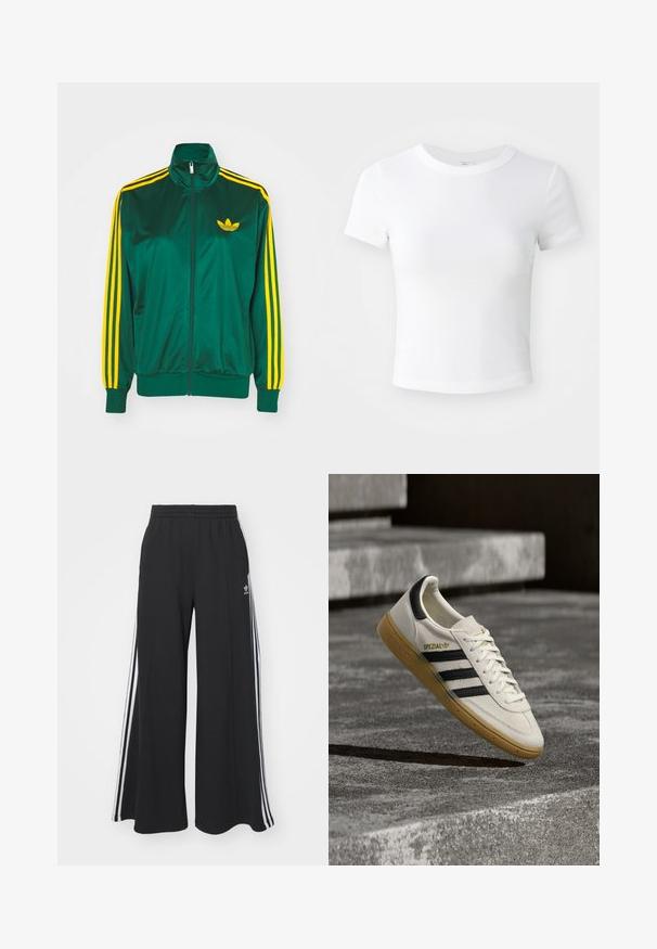 Groene satijnen trainingsjack, met rits aan de voorkant, hoge kraag, gele drie-strepen design op de mouwen en een klein geel logo op de borst.; Effen witte cropped t-shirt met korte mouwen en ronde hals, weergegeven op een neutrale lichte achtergrond.; Zwarte broek met wijde pijpen en een elastische tailleband, met drie witte strepen langs de buitenkant en een klein logo aan de voorkant.; Witte Adidas Spezial sneaker met zwarte strepen en gumzool, zwevend boven grijze stenen trappen buiten.