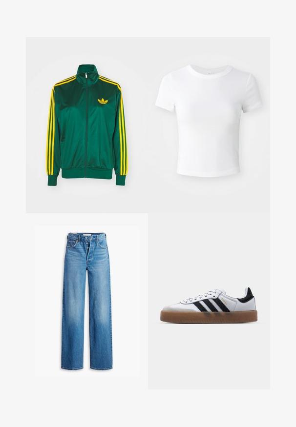 Grøn satin trackjakke, lynlåsfortil, høj krave, gul tre-stripes design på ærmerne og et lille gult logo på brystet.; Simpel hvid kortærmet cropped t-shirt med rund halsudskæring, præsenteret på en neutral lys baggrund.; Blå denimjeans med høj talje, vidde ben og fem lomme-design. Har en knaplukning og en falmet finish.; Hvide lædersneakers med sorte striber, gummirubber sål, rund tå, snørelukning og blød grå ruskinds tåhætte.