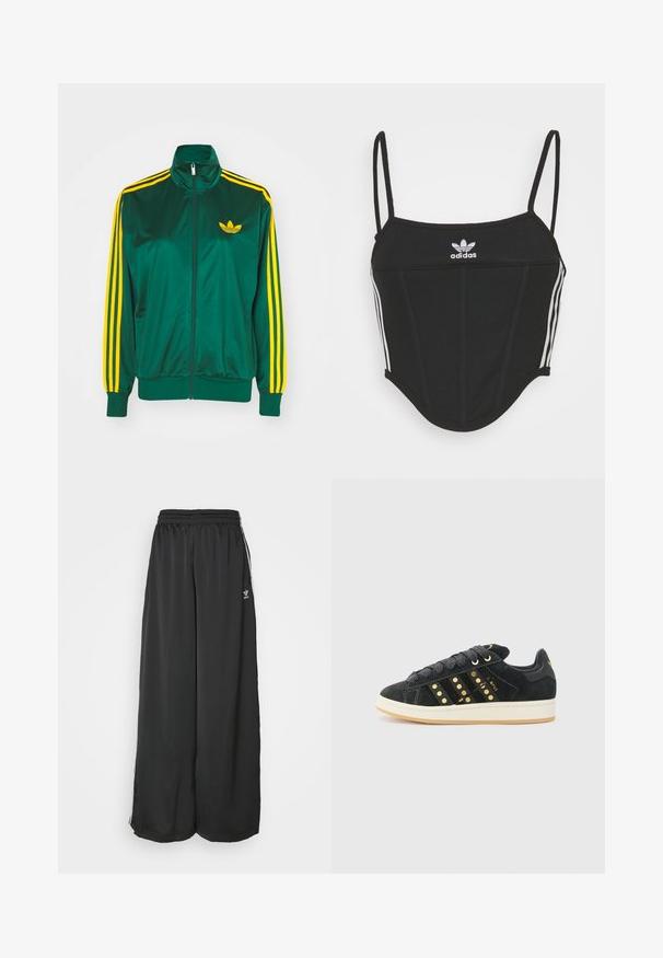 Grøn satin trackjakke, lynlåsfortil, høj krave, gul tre-stripes design på ærmerne og et lille gult logo på brystet.; Sort ribbet crop top med justerbare tynde stropper, der har tre hvide striber på siderne og et lille hvidt Adidas-logo i midten.; Sorte løstsiddende træningsbukser lavet af glat stof. Har en elastisk talje og sidelogsstriber med logoaccents.; adidas Originals CAMPUS 00S W - Sneakers - core black/carbon/gold-coloured