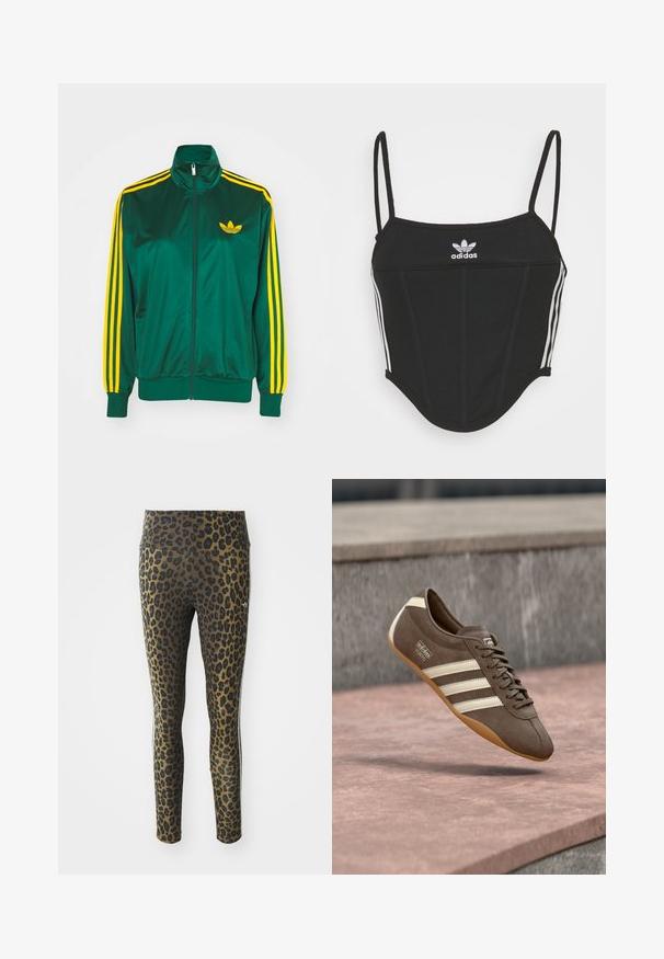 Grøn satin trackjakke, lynlåsfortil, høj krave, gul tre-stripes design på ærmerne og et lille gult logo på brystet.; Sort ribbet crop top med justerbare tynde stropper, der har tre hvide striber på siderne og et lille hvidt Adidas-logo i midten.; Pletterede leggings med høj talje, strækbart stof og sorte accenter på en lys brun bund, designet til komfort og pasform.; Brun ruskindssneaker med hvide striber og branding, med rund tå og ydersål af gummibelagt gummi, hængende over en struktureret overflade.