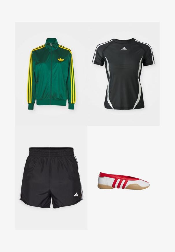 Grøn satin trackjakke, lynlåsfortil, høj krave, gul tre-stripes design på ærmerne og et lille gult logo på brystet.; Sort Adidas atletisk T-shirt med korte ærmer, hvide striber på skuldrene og sølvfarvede buede detaljer på siderne.; Sort atletiske shorts med elastisk talje, sideslids og hvide tre-stribes detaljer. Har et lille hvidt logo nederst til højre.; Rød og hvid flad sko med rund tå, lavet af glat syntetisk materiale. Har tre røde striber og en tanfarvet gummisål.