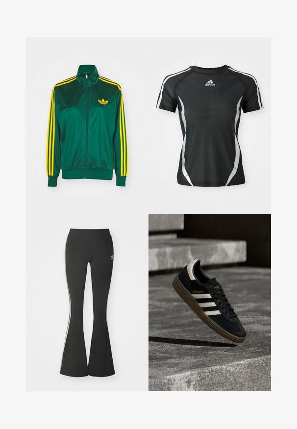 Grøn satin trackjakke, lynlåsfortil, høj krave, gul tre-stripes design på ærmerne og et lille gult logo på brystet.; Sort Adidas atletisk T-shirt med korte ærmer, hvide striber på skuldrene og sølvfarvede buede detaljer på siderne.; Sorte flared leggings lavet af strækstof, med en høj talje og hvide sidestreger. Inkluderer lille logo ved taljen.; Sort Adidas-sneaker med hvide striber og gummisåler, svævende over grå betontrapper i naturligt lys.