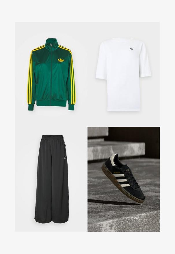 Zaļš satīna sporta jakas, ar rāvējslēdzēja priekšpusi, augsto apkakli, dzeltenu trīs svītru dizainu uz piedurknēm un mazu dzeltenu logotipu uz krūtīm.; Balta Adidas T-krekls ar īsām piedurknēm un nelielu melnu trefoil logotipu kreisajā krūtīs.; Melni brīvi pieguļoši sporta bikses, kas izgatavotas no maigas auduma. Iespējas ietver elastīgu jostasvietu un sānu svītras ar logo akcentiem.; Melns Adidas sporta apavu ar baltām svītrām un gumijas zolīti, kas karājas virs pelēkām betona kāpnēm dabiskā apgaismojumā.