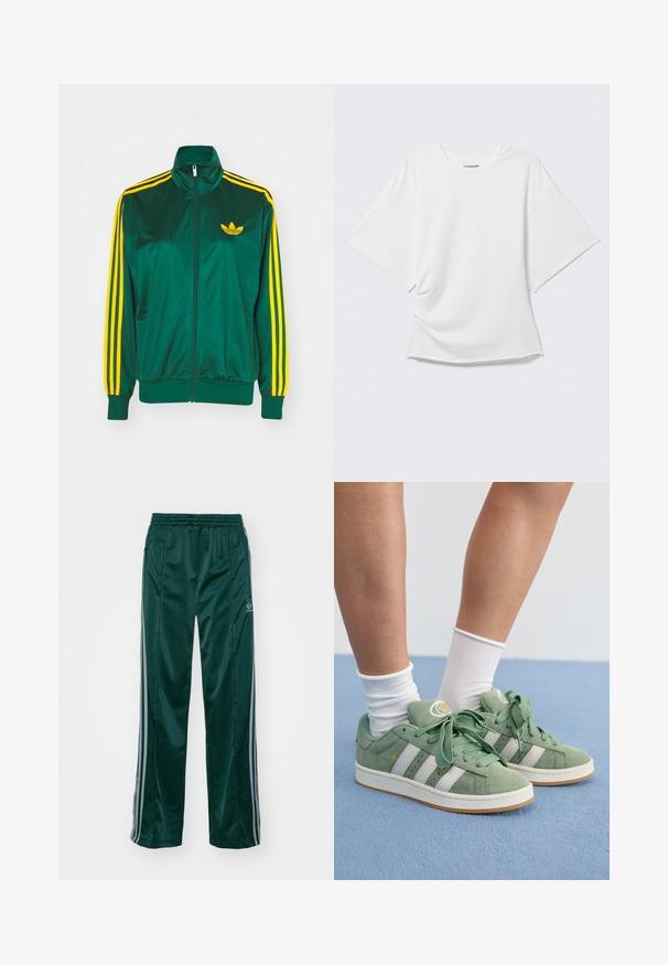 Roheline satiinist spordijakk, lukuga ees, kõrge kaelus, kollased kolm triipu disainis varrukatel ning väike kollane logo rinnal.; Valge lühikeste varrukatega lahtine T-särk ümmarguse kaelusega, nähtav helehallil taustal.; Tumedad roheline sportpants, mis on valmistatud läikivast materjalist, külgedel on heledates hallides triipudes ja vasakul jalal on broderdatud logo.; Roheline sametist tossud valgete triipudega. Omavad ümmarguseid paelu, tekstureeritud keelti ja ringikujulist logo keeltel.