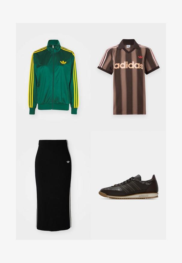 Chaqueta de pista satinada verde, con cremallera en la parte delantera, alto cuello, diseño de tres rayas amarillas en las mangas y un pequeño logo amarillo en el pecho.; Polo Adidas marrón con rayas, cuello en V, cuello burdeos y logo rojo. Presenta rayas blancas y rojas en los hombros, mangas cortas.; Falda midi negra con diseño ajustado, que presenta franjas laterales blancas y un pequeño emblema blanco en el lado izquierdo.; Zapatilla Adidas de perfil bajo en marrón con cordones negros, diseños bordados en blanco y suela de gum, mostrada desde el lado exterior sobre un fondo blanco.