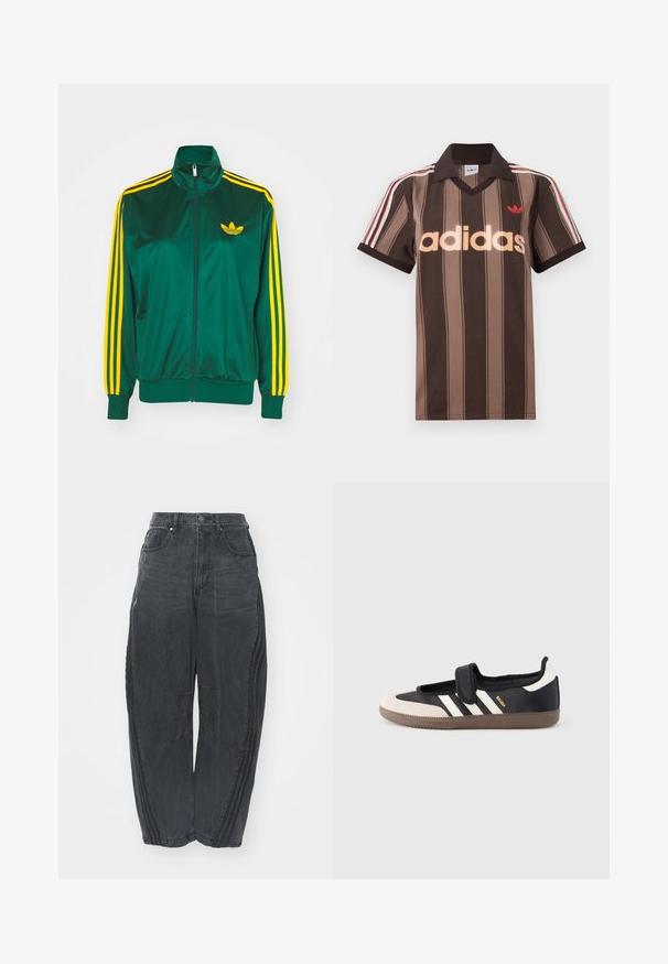 Grüne Satin-Trainingsjacke, mit Reißverschluss vorne, hohem Kragen, gelbem Drei-Streifen-Design an den Ärmeln und kleinem gelben Logo auf der Brust.; Braunes gestreiftes Adidas-Poloshirt mit V-Ausschnitt, bordeauxrotem Kragen und rotem Logo. Mit weißen und roten Schulterstreifen, kurzen Ärmeln.; Lockere schwarze Denim-Jeans mit einem verblassten Finish, fünf Taschen, einem Knopfverschluss an der Taille und gestickten Details an der Vorderseite und den Seiten.; Schwarzer und beiger Sneaker mit Klettverschluss, drei weißen Streifen an der Seite und einer strukturierten braunen Gummisohle. Markenlogo sichtbar.