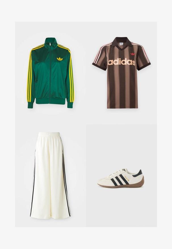 Chaqueta de pista satinada verde, con cremallera en la parte delantera, alto cuello, diseño de tres rayas amarillas en las mangas y un pequeño logo amarillo en el pecho.; Polo Adidas marrón con rayas, cuello en V, cuello burdeos y logo rojo. Presenta rayas blancas y rojas en los hombros, mangas cortas.; Pantalones anchos blancos con cintura elástica y rayas verticales negras a lo largo de las costuras exteriores.; Zapatilla blanca de Adidas con rayas negras, suela marrón texturizada y la palabra "SPEZIAL" en letras doradas en el lateral, vista desde el lado exterior.