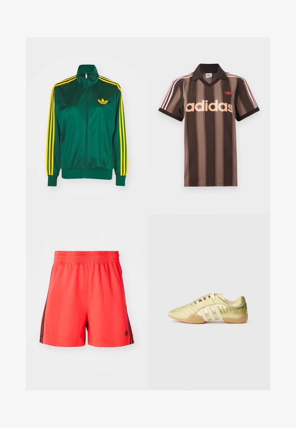 Grøn satin trackjakke, lynlåsfortil, høj krave, gul tre-stripes design på ærmerne og et lille gult logo på brystet.; Brunstribet Adidas polo-shirt med V-hals, bordeaux krave og rødt logo. Har hvide og røde skulderstriber samt korte ærmer.; Røde atletiske shorts lavet af letvægtsmateriale med elastisk talje, med tre sorte lodrette striber på hver side og logo.; Limegrøn syntetisk sportssko med en glat tekstur, der har tre hvide striber, en blød indvendig foring og en tekstureret gummiydersål.