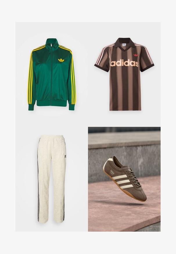 Grøn satin trackjakke, lynlåsfortil, høj krave, gul tre-stripes design på ærmerne og et lille gult logo på brystet.; Brunstribet Adidas polo-shirt med V-hals, bordeaux krave og rødt logo. Har hvide og røde skulderstriber samt korte ærmer.; Cremefarvede joggers med et struktureret, slangeskindsmønster. Har sorte sidelister og en elastisk talje. Sort logoaccent på låret.; Brun ruskindssneaker med hvide striber og branding, med rund tå og ydersål af gummibelagt gummi, hængende over en struktureret overflade.