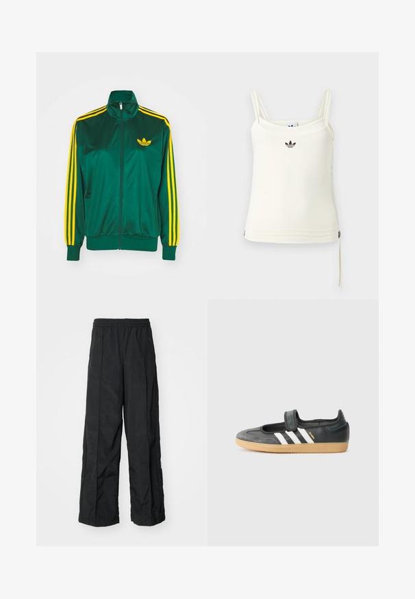 Grüne Satin-Trainingsjacke, mit Reißverschluss vorne, hohem Kragen, gelbem Drei-Streifen-Design an den Ärmeln und kleinem gelben Logo auf der Brust.; Cremefarbenes Tanktop mit dünnen Trägern; Adidas-Logo in Schwarz auf der Brust. Glatter Stoff mit Kordelzug-Detail am Saum. Einfaches Design.; Schwarze weite Hosen mit elastischem Taillenbund, ausgestattet mit einer glatten Textur und seitlichen Nähten für zusätzliche Designdetails.; Schwarze Leder- und Wildledersneaker mit einem Klettverschluss, ausgestattet mit drei weißen Streifen und einer Gummisohle, beschriftet mit "SAMBA" an der Seite.