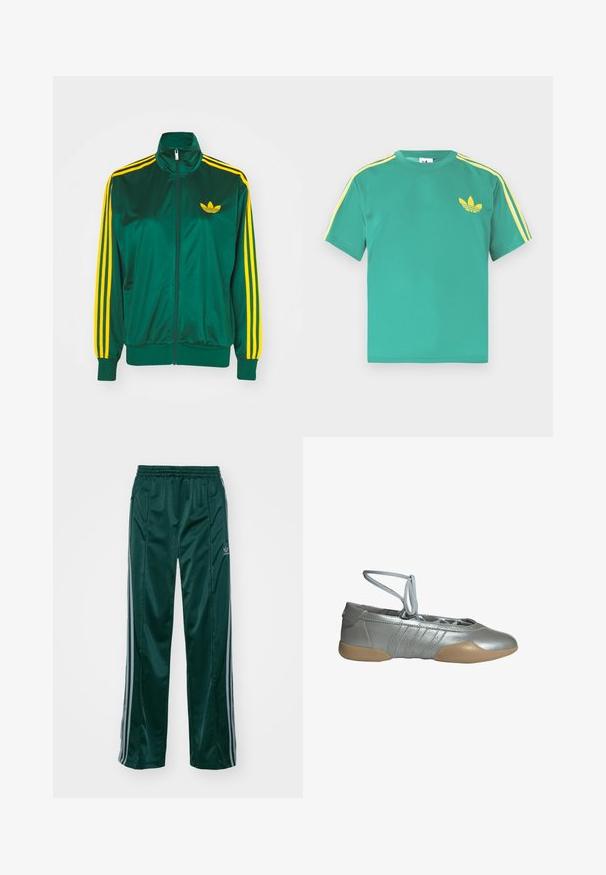 Roheline satiinist spordijakk, lukuga ees, kõrge kaelus, kollased kolm triipu disainis varrukatel ning väike kollane logo rinnal.; Roheline puuvillane T-särk lühikeste varrukatega, kollaste triipudega õlgadel ja rinnal tikitud kolmelehine logo.; Tumedad roheline sportpants, mis on valmistatud läikivast materjalist, külgedel on heledates hallides triipudes ja vasakul jalal on broderdatud logo.; Hõbedane baleriiniking koos beežist kummist tallaga ja pahkluu ümber mähitavate paeltega, disainitud kerguse, mugavuse ja paindliku sobivuse tagamiseks.