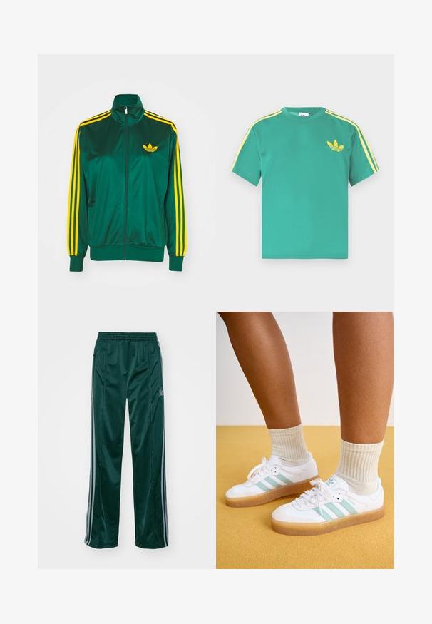 Veste de survêtement en satin vert, fermeture éclair devant, col haut, design à trois rayures jaunes sur les manches, et un petit logo jaune sur la poitrine.; T-shirt en coton vert à manches courtes, avec des rayures jaunes le long des épaules et un logo brodé à trois feuilles sur la poitrine.; Pantalons de sport vert foncé en matériau brillant, avec des bandes latérales gris clair et un logo brodé sur la jambe gauche.; Baskets blanches avec des rayures vert menthe, semelle en caoutchouc et lacets, associées à des chaussettes crème à côtes. Sur fond jaune.