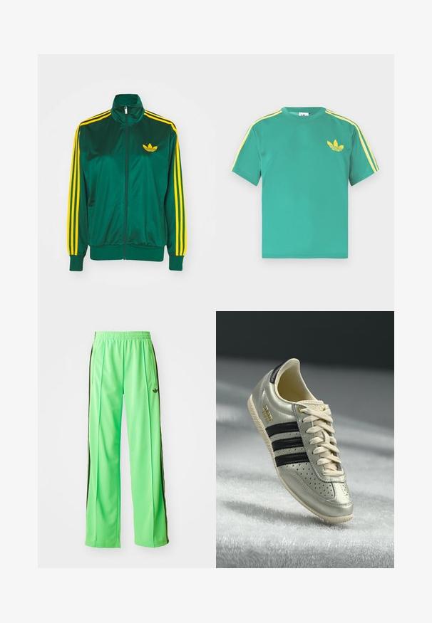 Chaqueta de pista satinada verde, con cremallera en la parte delantera, alto cuello, diseño de tres rayas amarillas en las mangas y un pequeño logo amarillo en el pecho.; Camiseta de algodón verde con mangas cortas, con rayas amarillas a lo largo de los hombros y un logo bordado de tres hojas en el pecho.; Pantalones deportivos verdes hechos de un material liso y ligero, con franjas laterales negras y un logo bordado en la parte frontal.; Zapatilla de cuero gris claro con franjas negras, detalles perforados, cordones beige y un parche de logo dorado. Suela de goma texturizada.