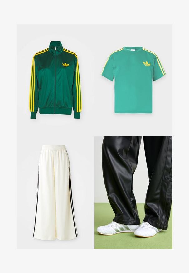 Grøn satin trackjakke, lynlåsfortil, høj krave, gul tre-stripes design på ærmerne og et lille gult logo på brystet.; Grøn bomulds t-shirt med korte ærmer, med gule striber langs skuldrene og et broderet tre-bladet logo på brystet.; Hvide løse bukser med elastisk talje og sorte lodrette striber langs yderseams.; Sorte faux leather bukser med en løs pasform, der har en glat overflade og sidelister. Sammen med hvide sneakers med sølvdetaljer.