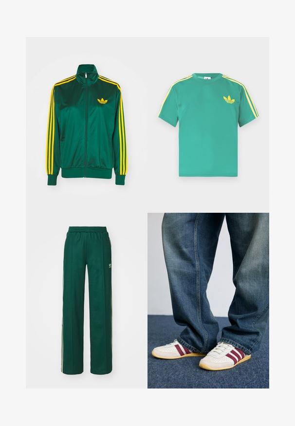 Groene satijnen trainingsjack, met rits aan de voorkant, hoge kraag, gele drie-strepen design op de mouwen en een klein geel logo op de borst.; Groen katoenen T-shirt met korte mouwen, met gele strepen langs de schouders en een geborduurd logo van drie bladeren op de borst.; Donkergroene sportbroek met een relaxte pasvorm, voorzien van een trekkoord in de taille, zijzakken en crèmekleurige strepen aan de zijkanten.; Witte sneakers met bordeauxrode strepen, van textuur leer en mesh, gecombineerd met losvallende blauwe denim jeans. Zachte rubberen zolen, casual stijl.