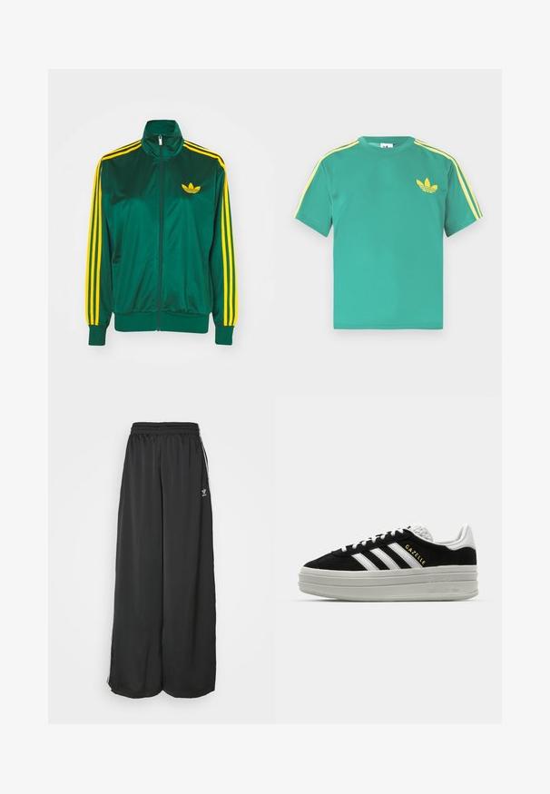 Grøn satin trackjakke, lynlåsfortil, høj krave, gul tre-stripes design på ærmerne og et lille gult logo på brystet.; Grøn bomulds t-shirt med korte ærmer, med gule striber langs skuldrene og et broderet tre-bladet logo på brystet.; Sorte løstsiddende træningsbukser lavet af glat stof. Har en elastisk talje og sidelogsstriber med logoaccents.; Sort ruskind sneaker med hvide læderdetaljer, tre hvide striber, flade snørebånd og en tyk grå platformsål. Guldfarvet "Gazelle" branding.
